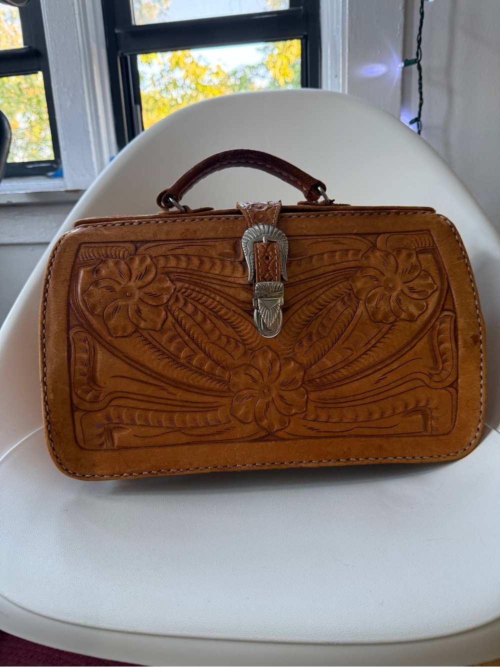 Rare Leaders in Leather Vintage Hand Tooled Floral Satchel Wide Mouth Doctor Bag